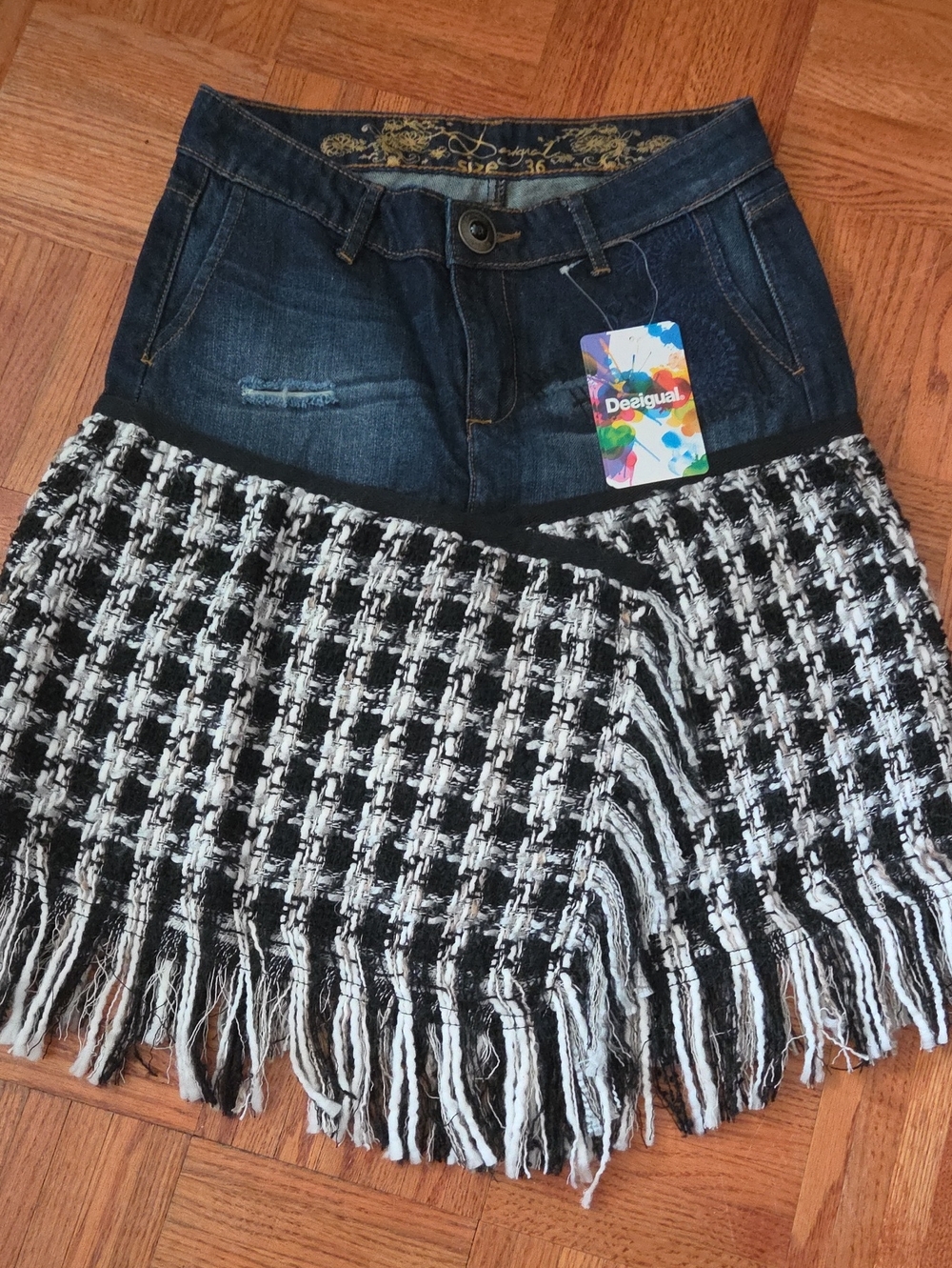 Desigual Skirt Black & White Tweed Fringe with Denim